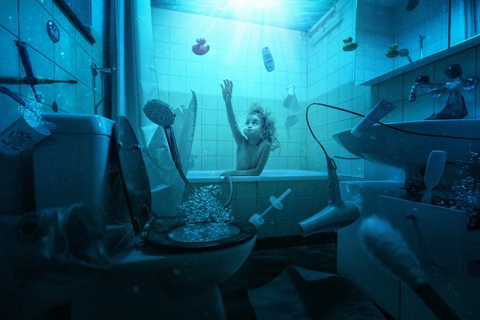 Underwater Bathroom with a Girl and Toys