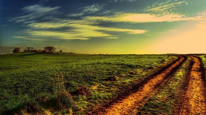 Dirt road through a green field under a cloudy sky