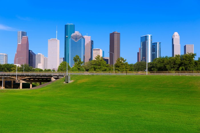 Houston Skyline with Bridge and Green Lawn