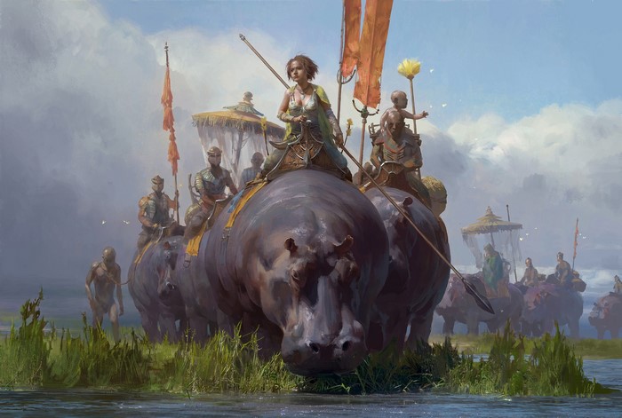 Warriors riding hippos in a procession