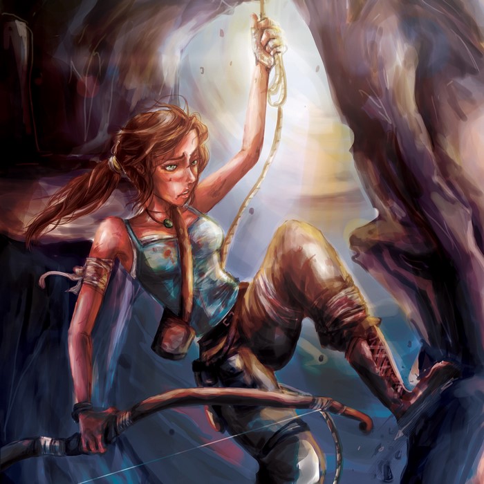 Lara Croft from Tomb Raider climbing a rope in a cave