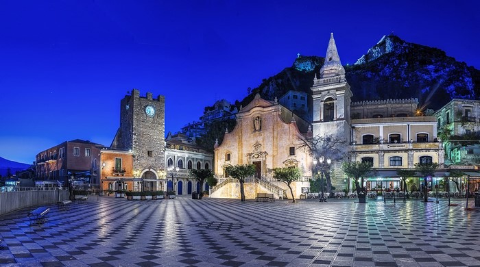 Piazza IX Aprile in Taormina, Sicily at Night