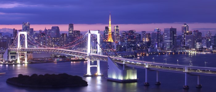 Tokyo Bay Rainbow Bridge and Skyline at Dusk