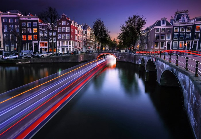 Amsterdam Canal at Night with Light Trails