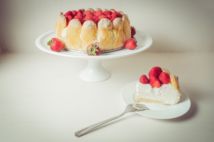 Strawberry Charlotte Cake with a Slice and Fork
