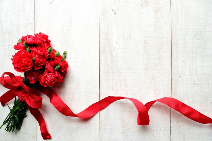 Red Carnation Bouquet with Red Ribbon