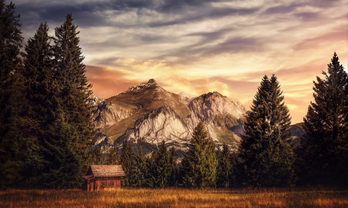 Cabin in the Swiss Alps forest with mountains