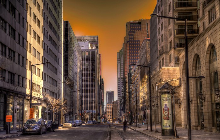Street view of Montreal, Canada with tall buildings