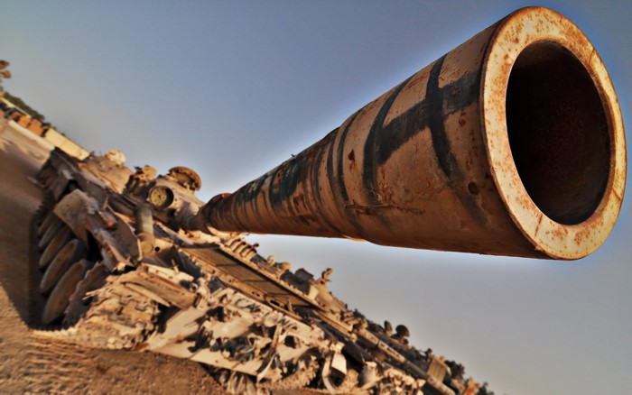 Close-up of a rusty tank gun barrel