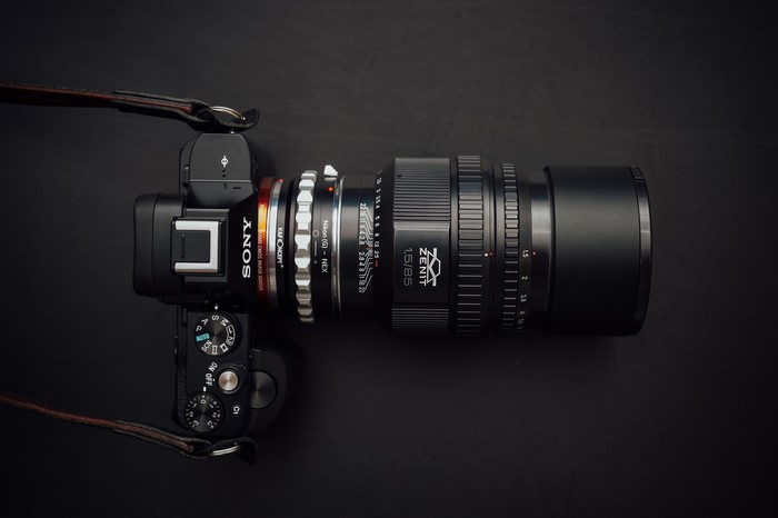 Sony A7 camera with Zenit 1.5/85 lens