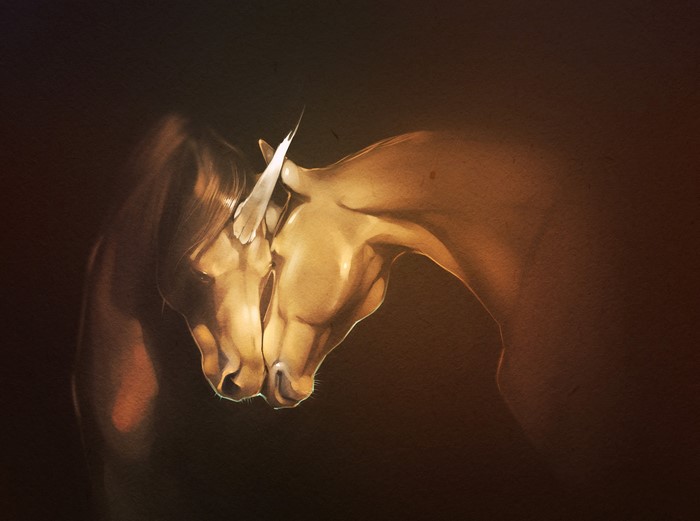 Two unicorns touching foreheads in darkness