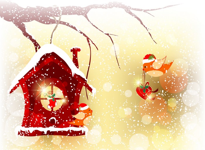 Christmas bird with heart ornament and birdhouse
