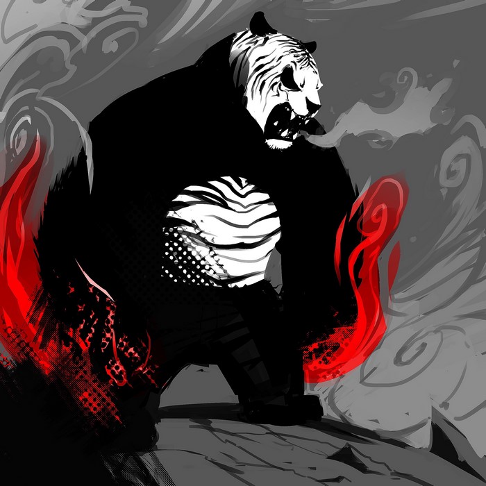 Tiger-striped panda with red flames
