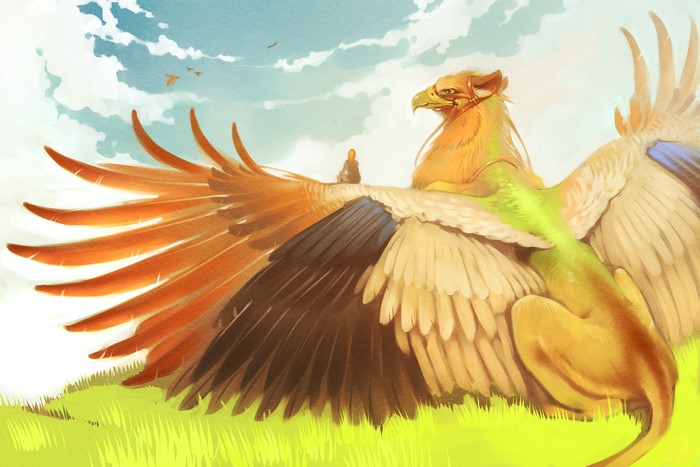A person sits on a gryphon's back in a grassy field