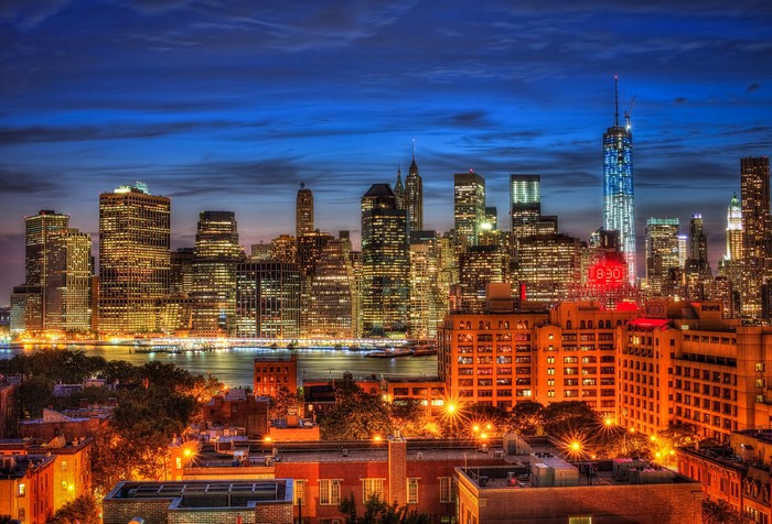 New York City skyline at night with One World Trade Center