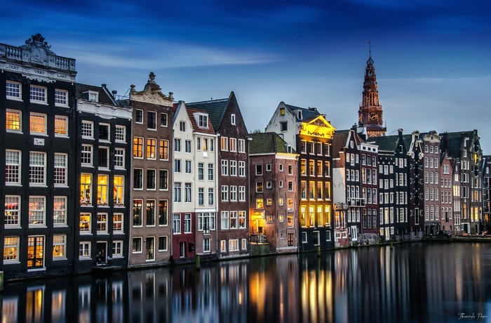 Amsterdam canal houses at dusk