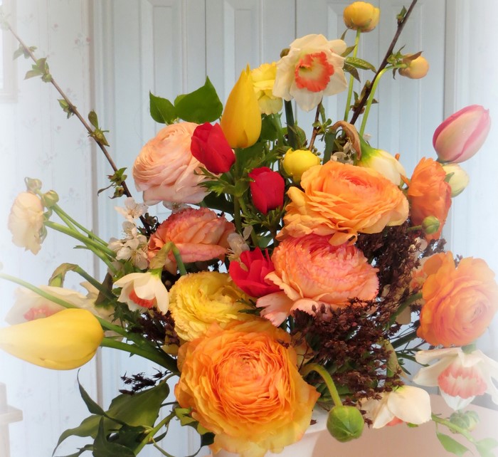Colorful Spring Bouquet with Tulips, Ranunculus, and Daffodils