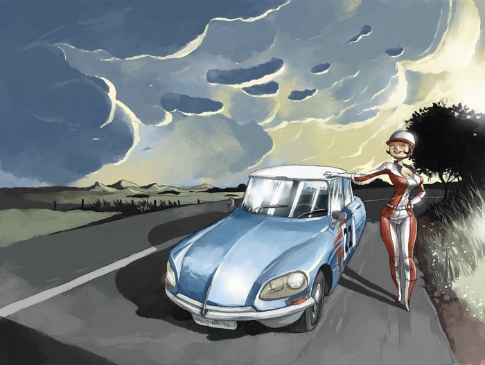 Woman in racing suit with vintage car on road