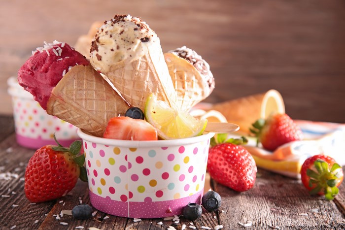 Ice cream cones with strawberries and blueberries
