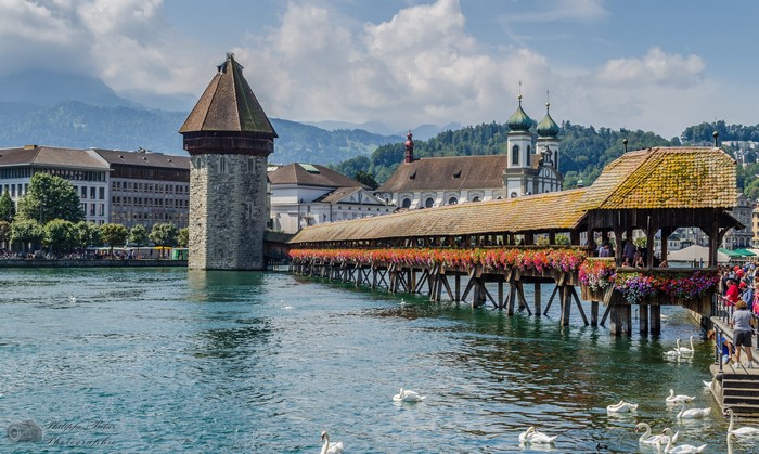 Chapel Bridge and Water Tower in Lucerne, Switzerland