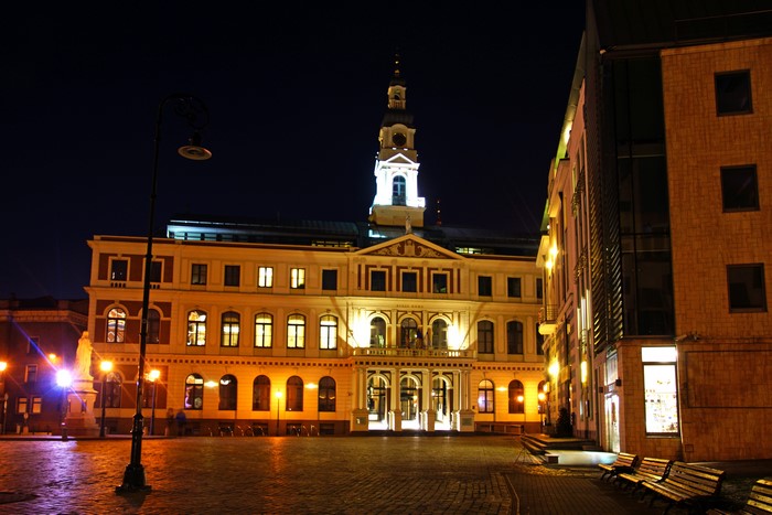 Riga, Latvia at Night with Street Lights and Buildings