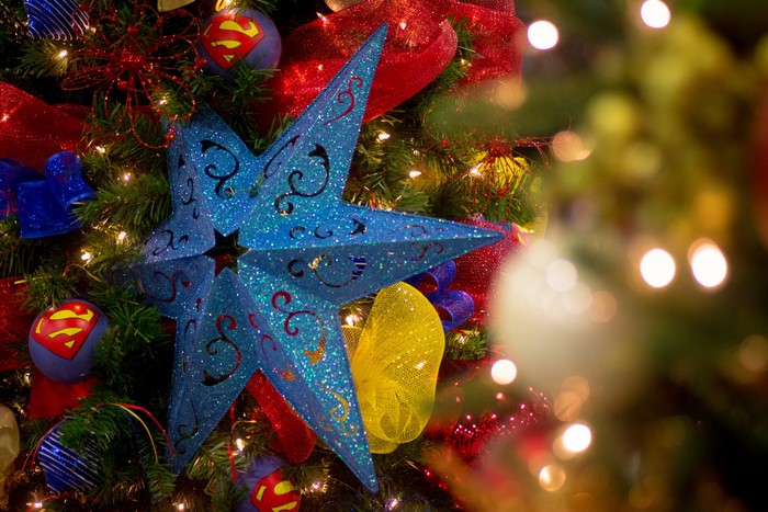 Christmas tree with Superman ornaments and star