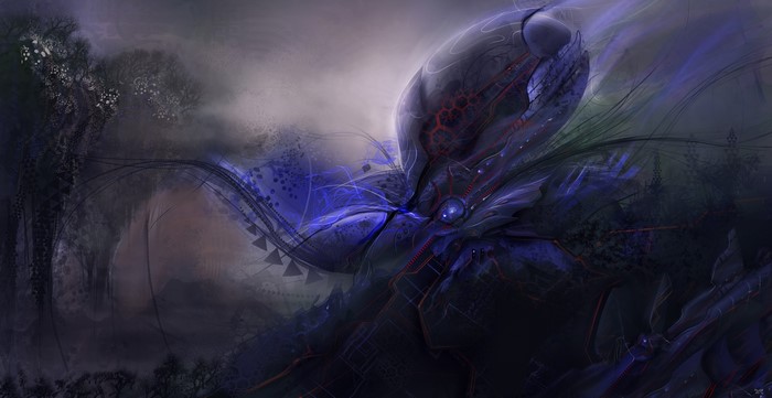 Alien creature with blue and red glowing circuits in a dark forest