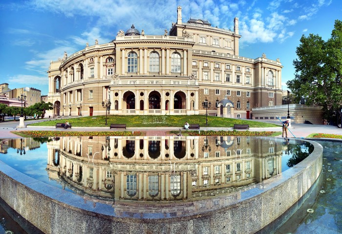 Odessa Opera and Ballet Theater reflected in fountain