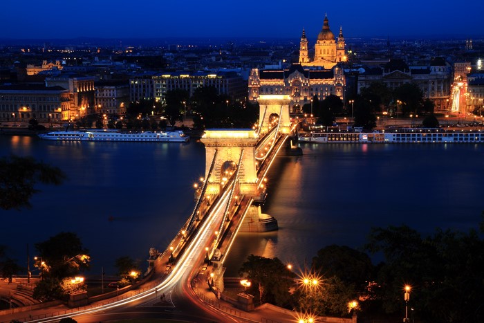 Chain Bridge and St. Stephen's Basilica at Night in Budapest, Hungary