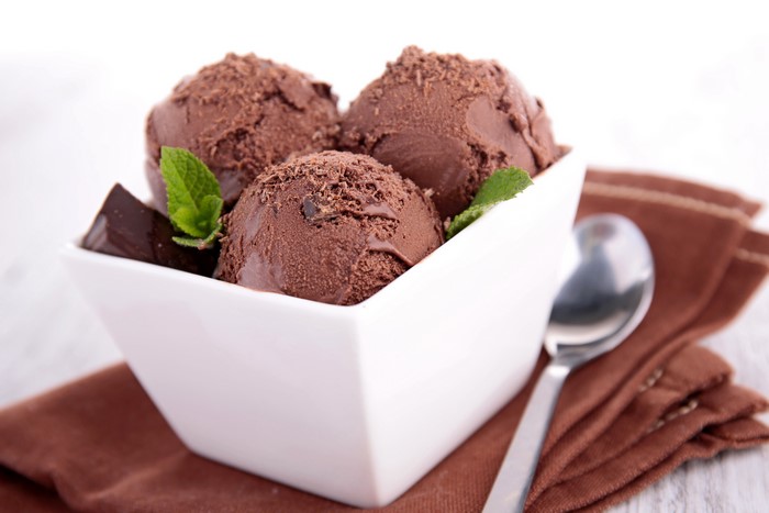 Chocolate ice cream scoops in a bowl