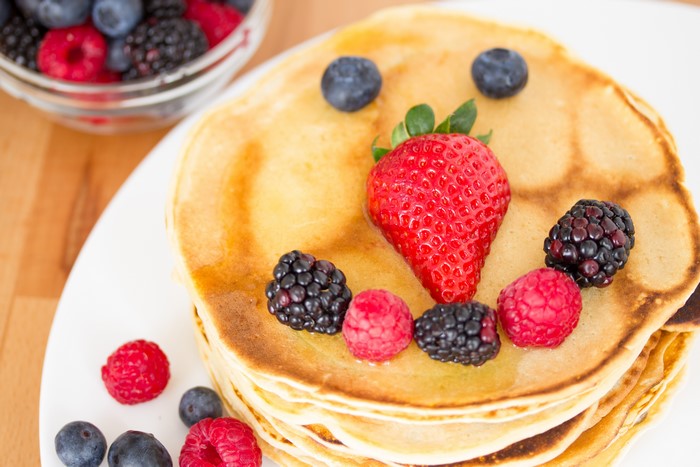 Pancakes with Strawberries, Blueberries, and Blackberries