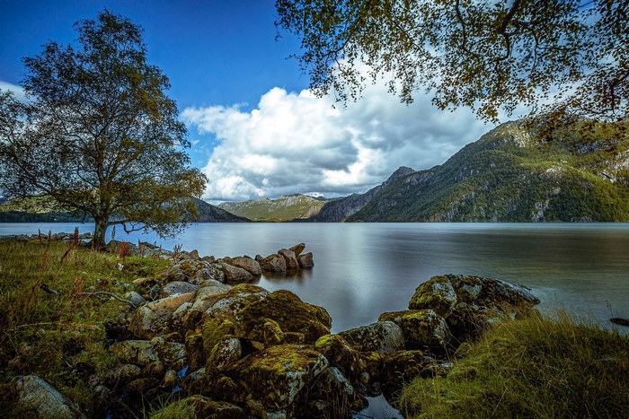 Lake scenery with mountains and trees in Bjerkreim, Norway