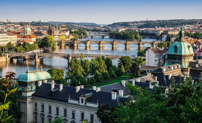 Prague cityscape with bridges over Vltava River