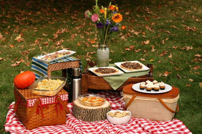 Picnic with food and flowers