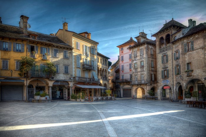 Domodossola, Piedmont, Italy town square with historic buildings