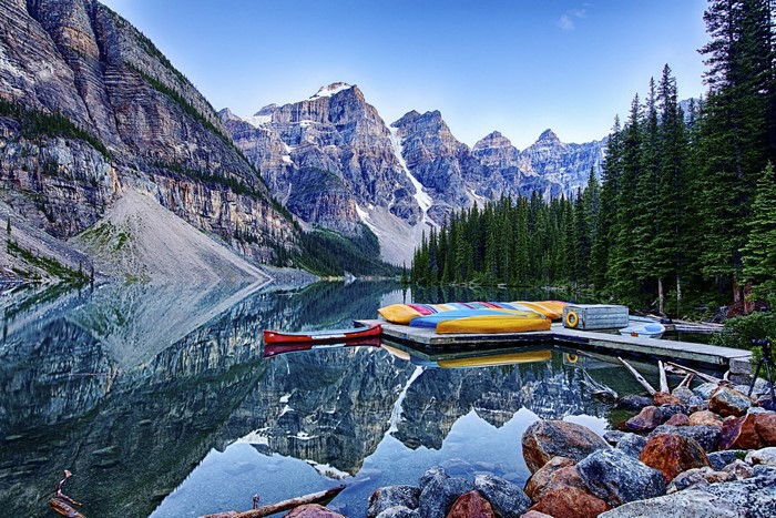 Moraine Lake with Canoes and Mountains in Banff National Park