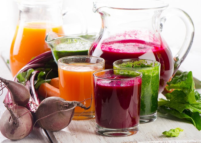 Beet, Carrot, and Green Juices with Vegetables