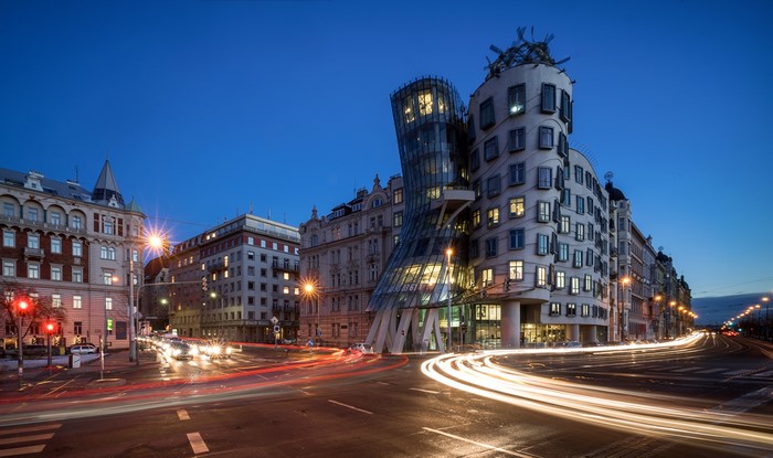 Dancing House and street at night in Prague, Czech Republic