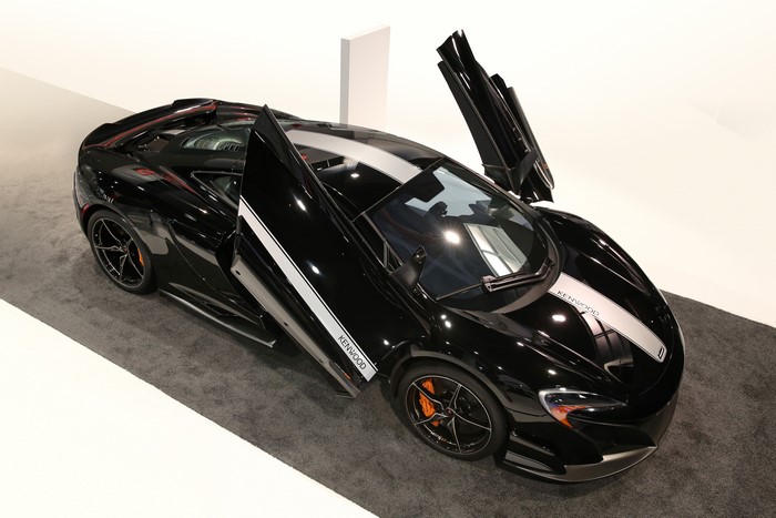 Black McLaren 675LT JVC-Kenwood concept with opened doors