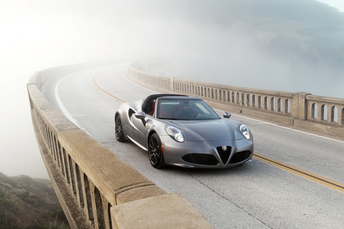 2016 Alfa Romeo 4C Spider on a foggy bridge