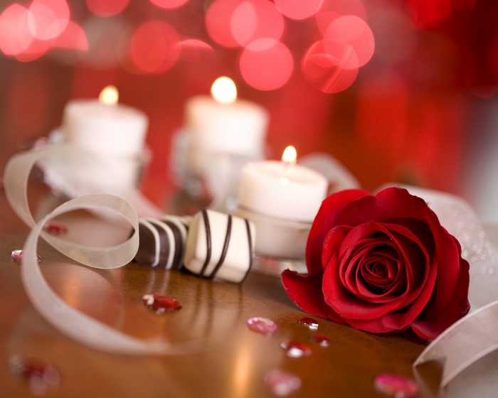 Red Rose with Candles and Chocolates