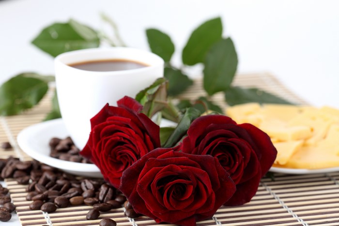 Three Red Roses with Coffee and Cheese