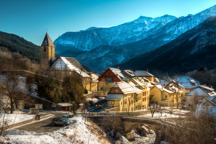 Entraunes, France Village in Winter Mountains