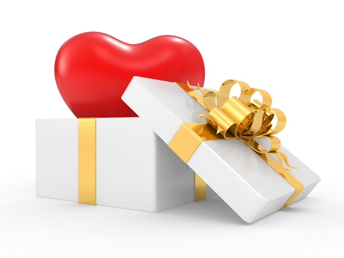 White Gift Box with Red Heart and Gold Bow