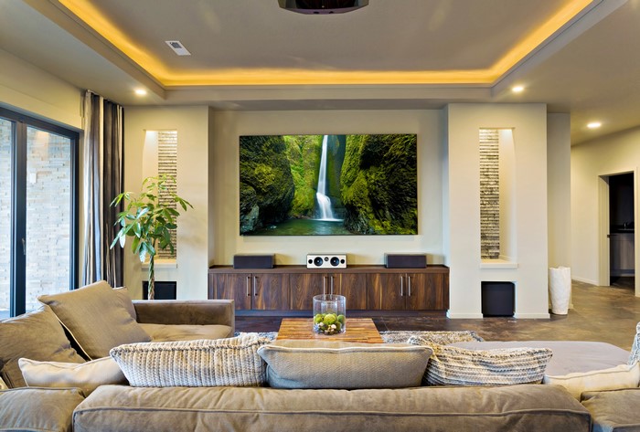 Living room interior design with large screen TV
