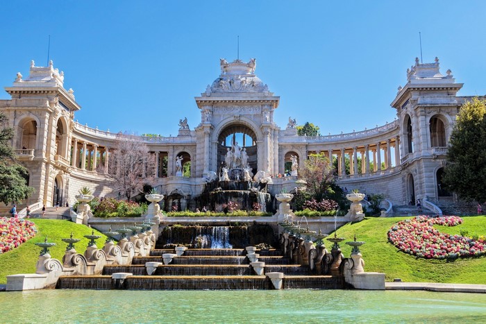 Palais Longchamp with waterfalls and sculptures in Marseille