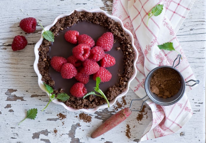 Chocolate Raspberry Tart with Mint and Cocoa Powder