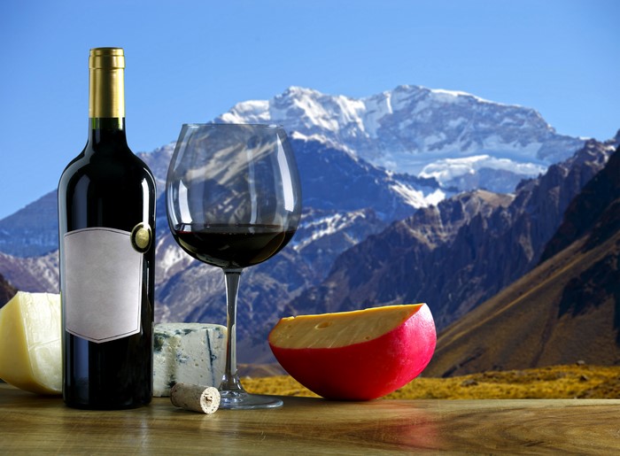 Wine bottle and glass with cheese and mountains