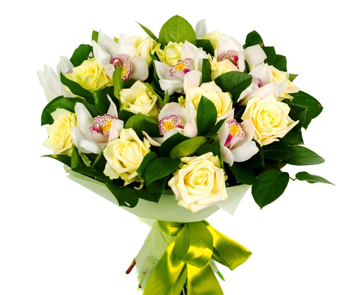 Bouquet of white orchids and yellow roses