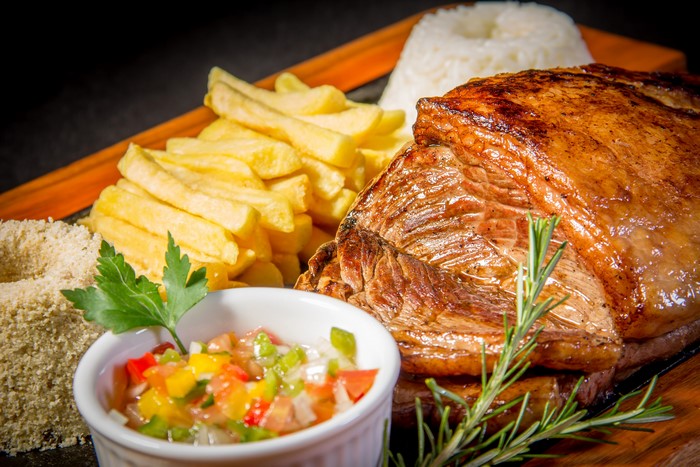 4K Meat products with French fries and salad